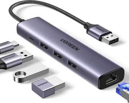 USB to Ethernet Adapter, 5 in 1 USB Hub with Ethernet, Plug and Play, Multiport Network Adapter with 3 USB 3.0 Port