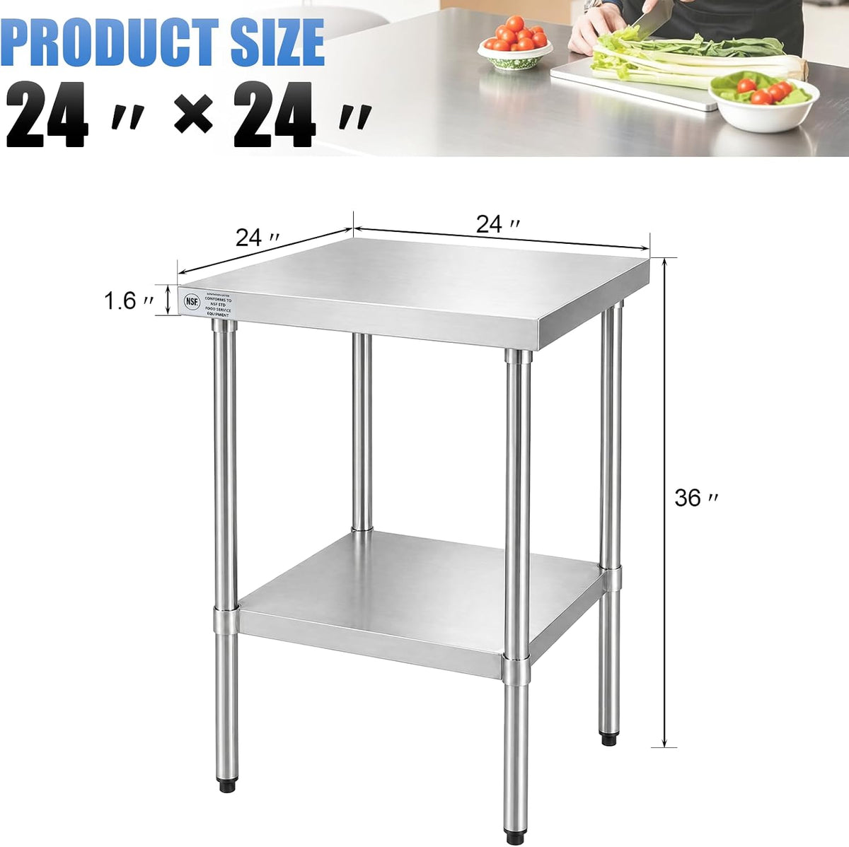 24 x 24 Inch Stainless Steel Work Table with Adjustable Undershelf, Commercial Kitchen Prep Table with Adjustable