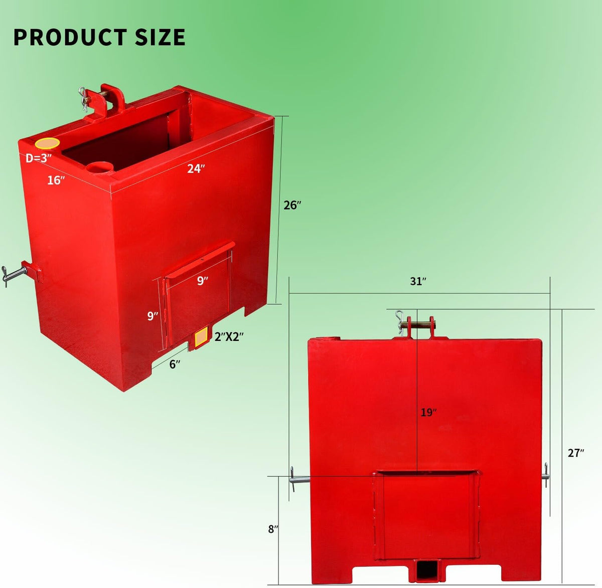 Suitable for Red Ballast Box for Category 1 Tractors - 3-Point Counterweight with Quick Tach Hitch