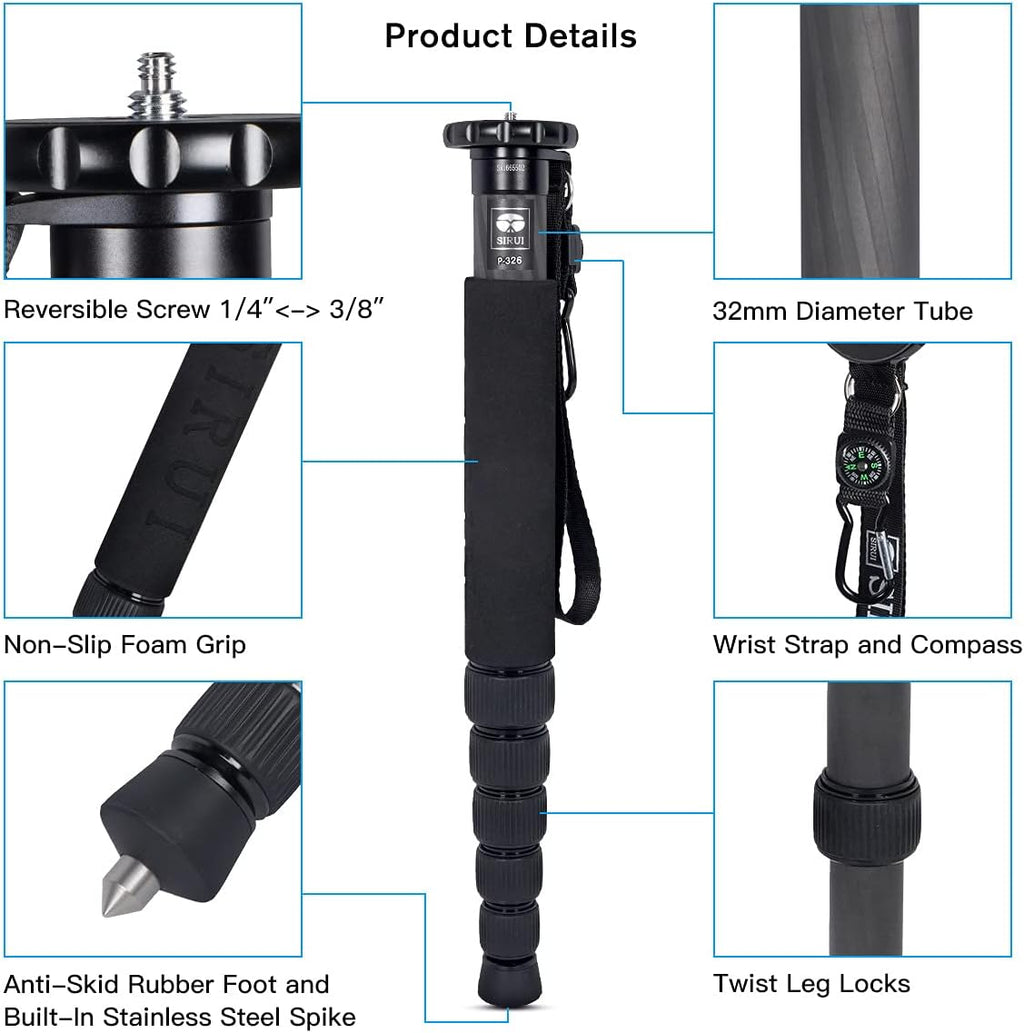 Camera Monopod P-326 6 Section Carbon Fiber Compact Lightweight Travel Monopod
