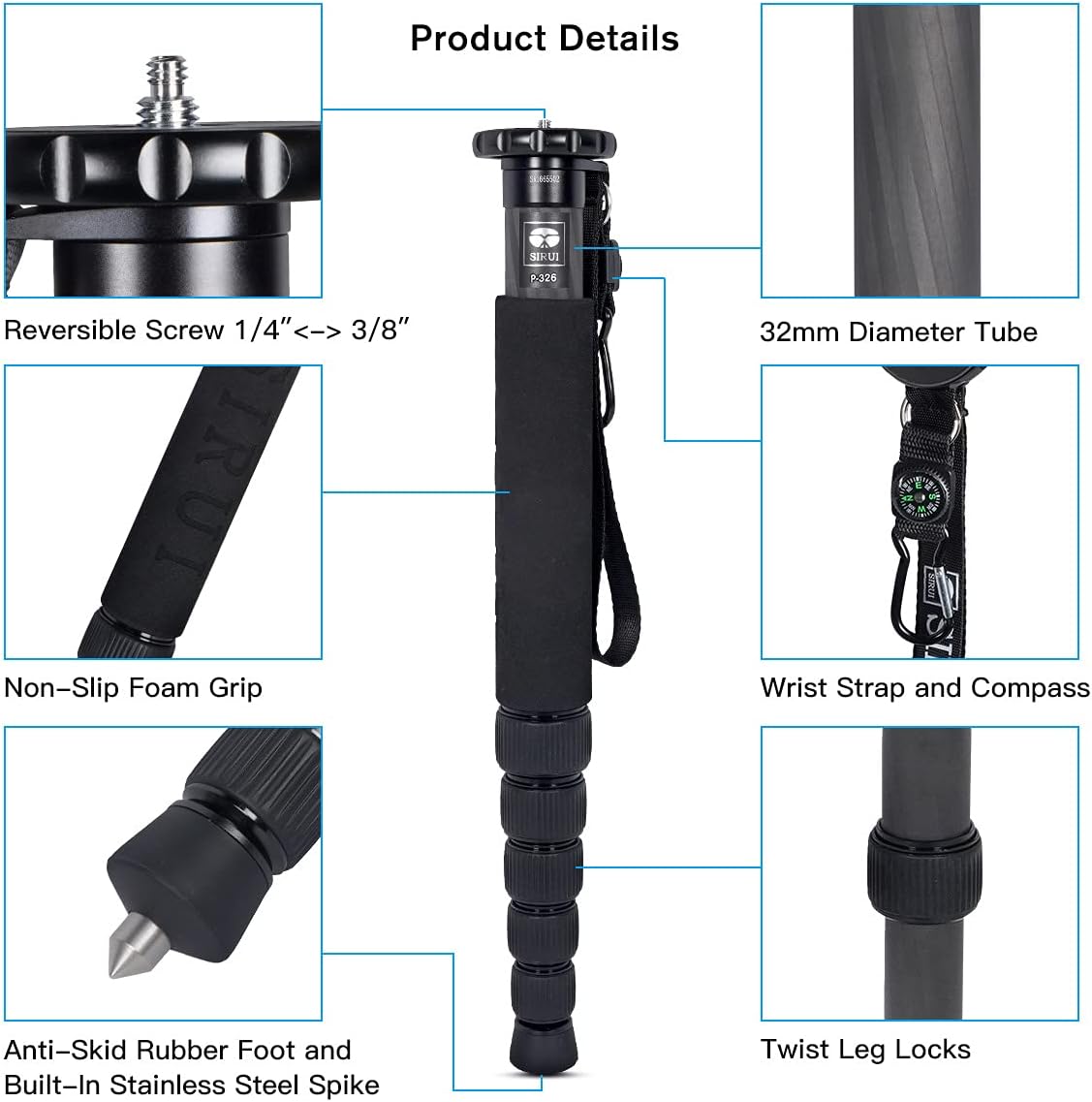 Camera Monopod P-326 6 Section Carbon Fiber Compact Lightweight Travel Monopod