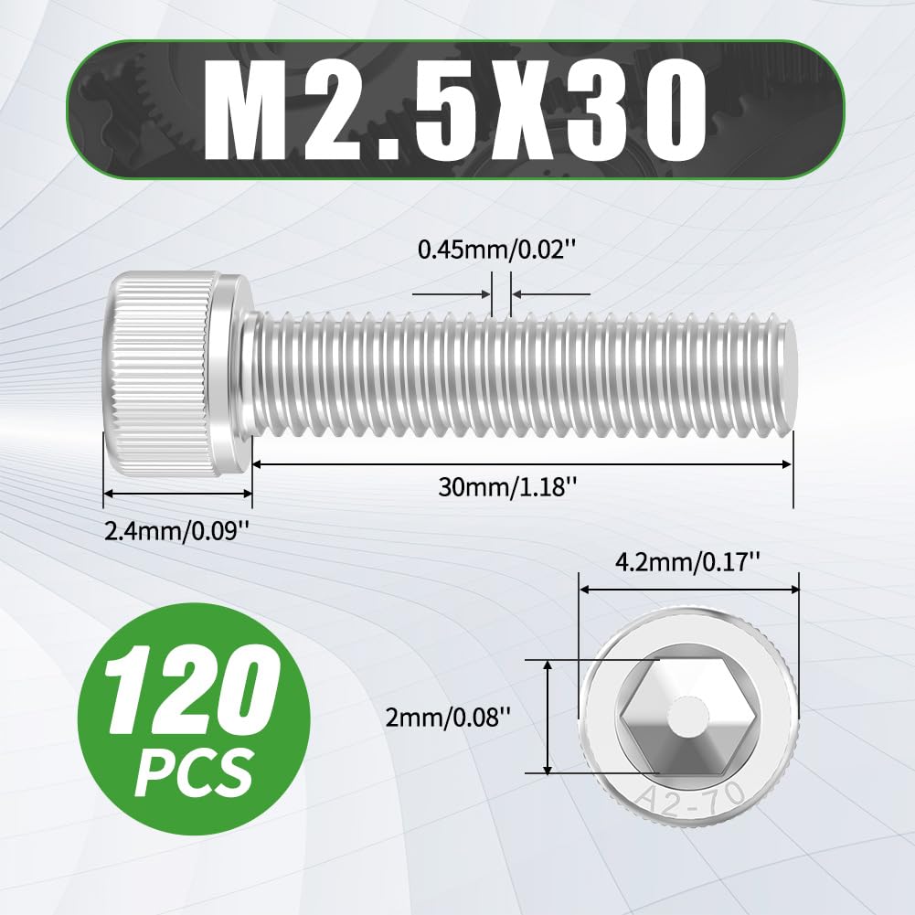 120 Pcs M2.5 x 30mm Button Head Socket Cap Screws - 304 Stainless Steel