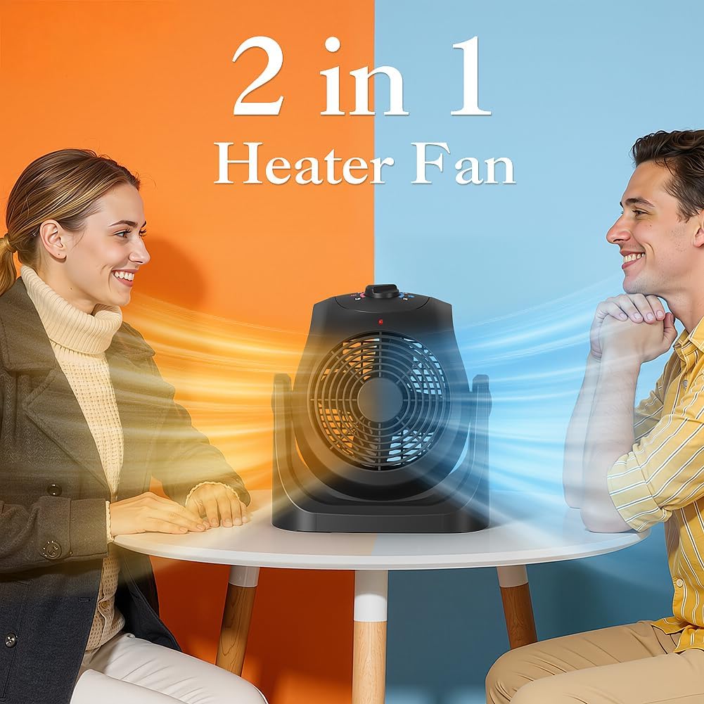 2 in 1 Heater Fan Combo, Portable Space Heater Cooling Desk Fan, Air Circulator Fan 45° Tilt, 2 Wind Speeds, 1500W