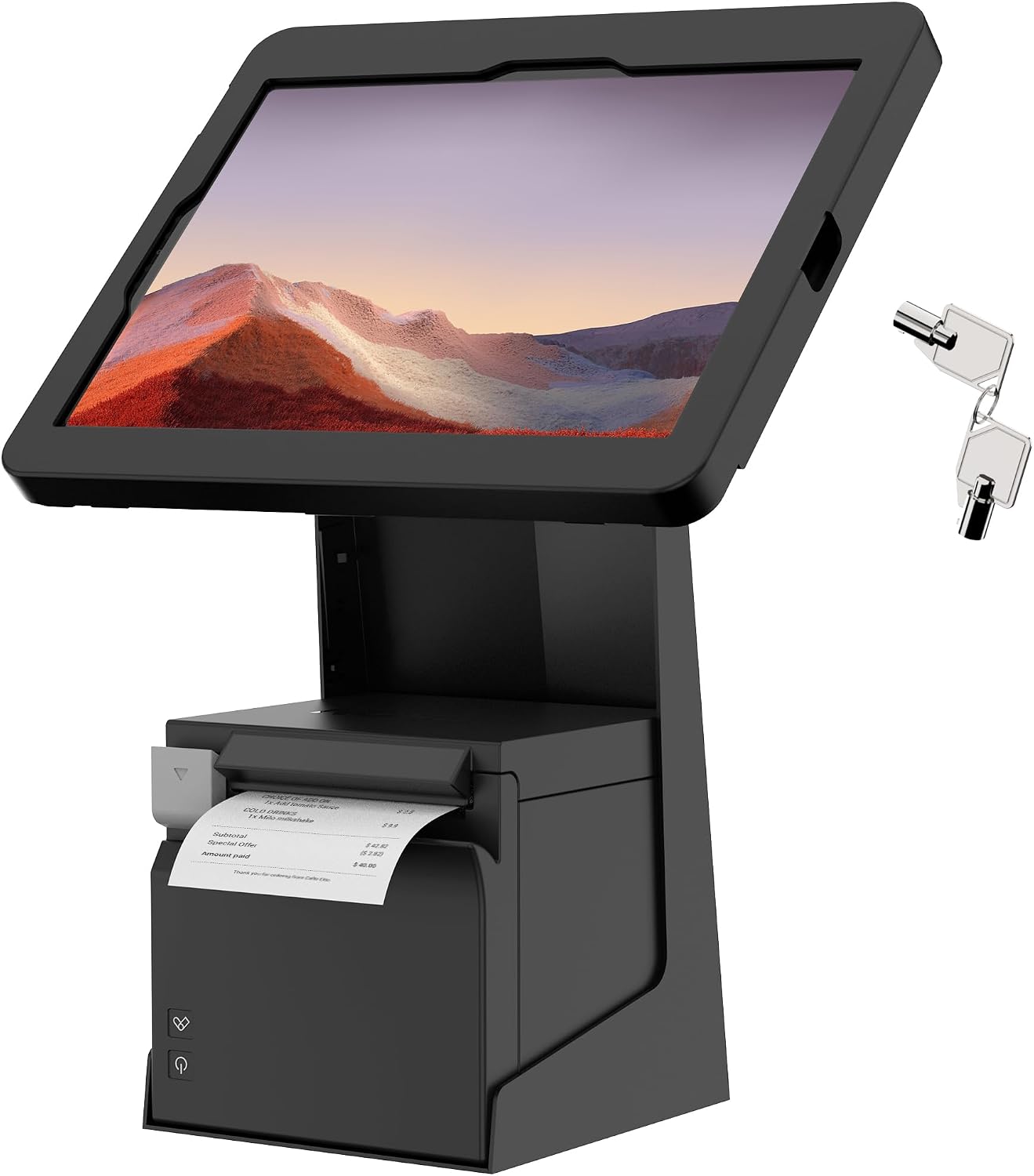 All-in-One Tablet POS Stand with Printer Compartment, All Metal Desktop Kiosk with Key Lock, 90° Flip Enclosure