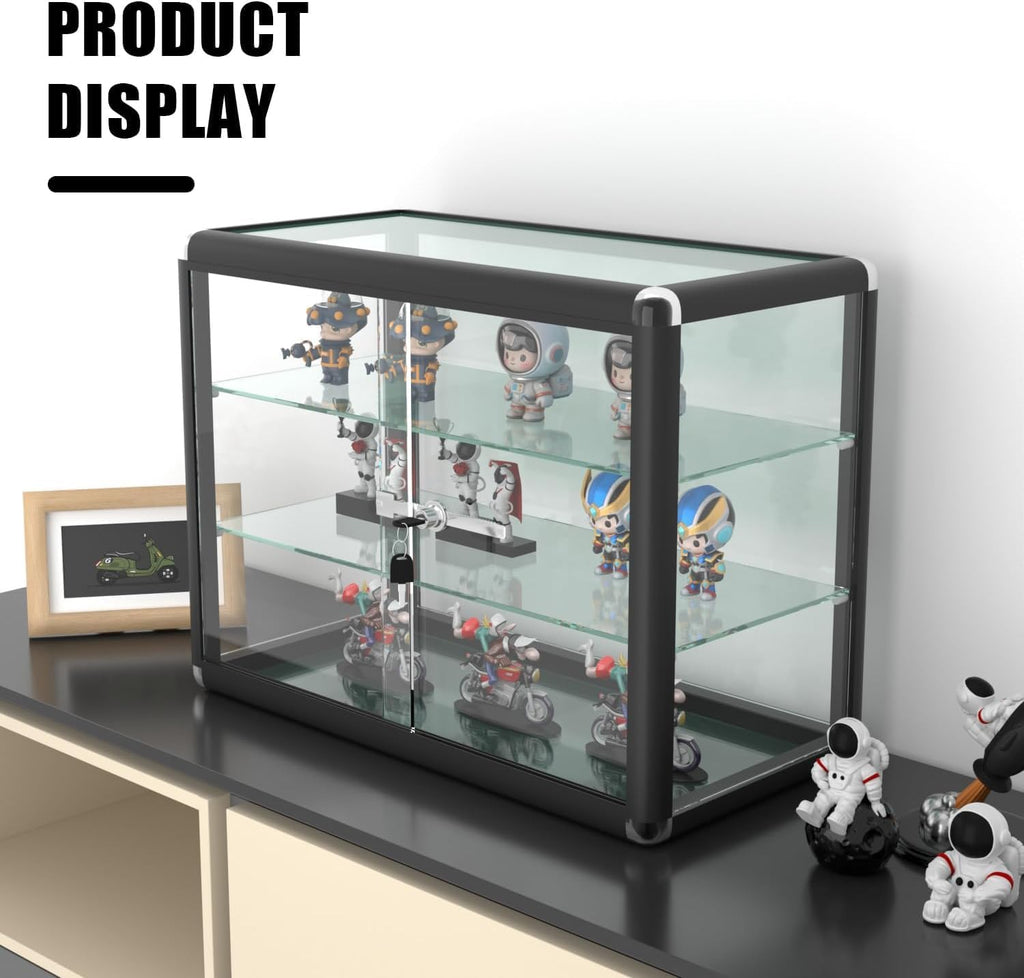 24" W x 18" H x 12" D Black Aluminum Tempered Glass Countertop Display Case - Durabletable Top Display Case,Clear