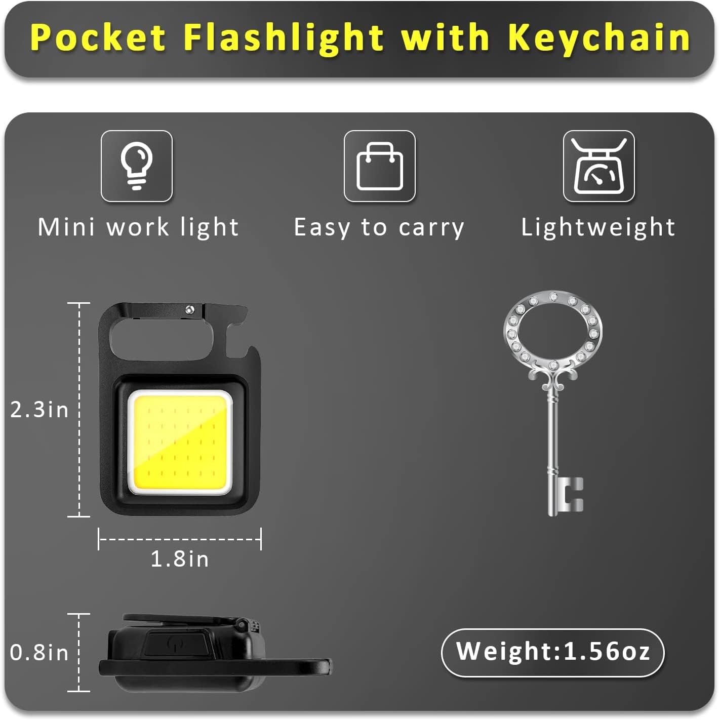 COB Rechargeable Keychain Flashlight 2Pack, High Lumen Super Bright LED Work Light with Magnet,Clip,Bottle Opener for