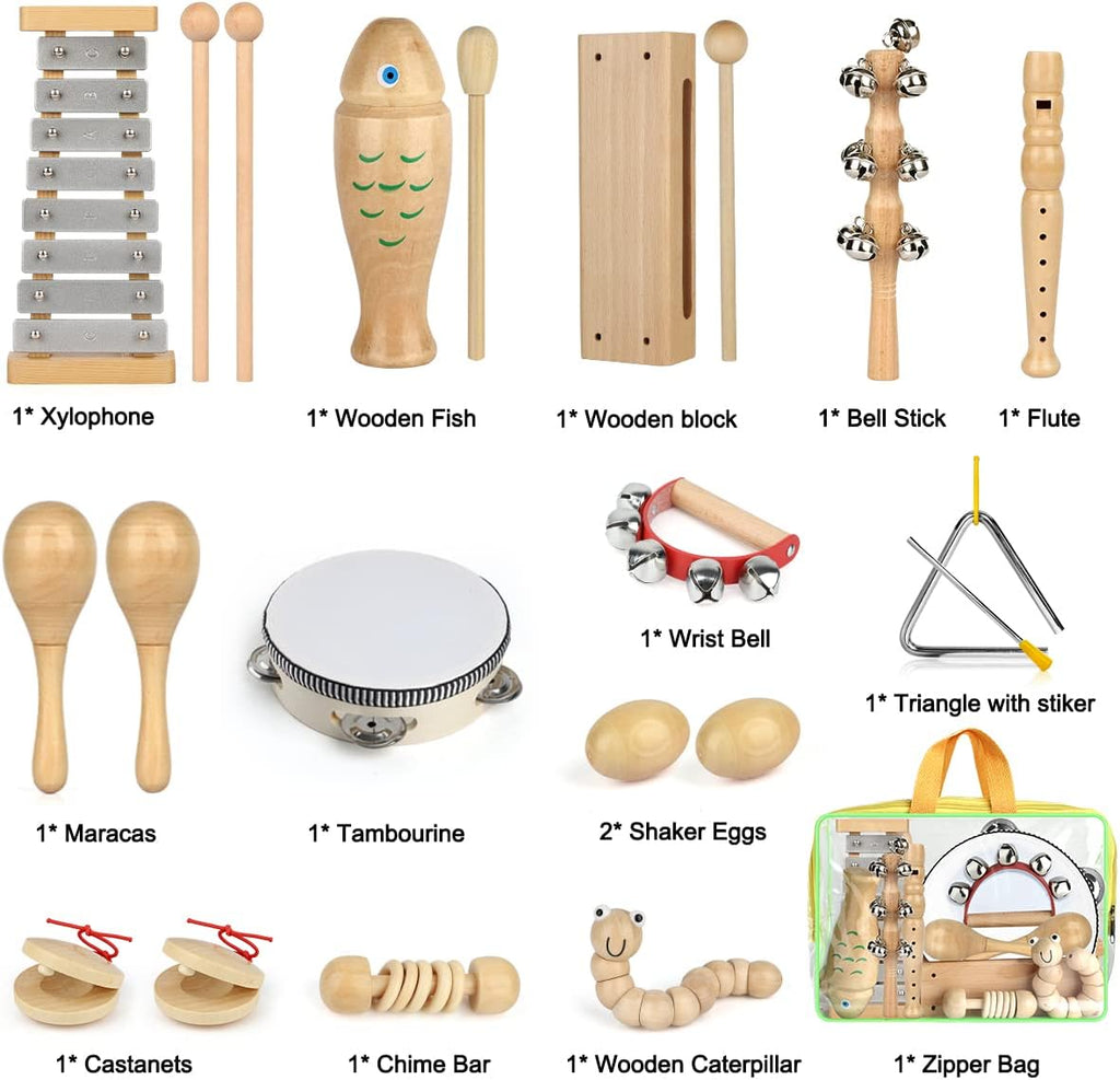Kids Musical Instruments,100% Natural Wooden Music Percussion Toy Sets, 23 Pcs Tambourine Xylophone Toys for Kids
