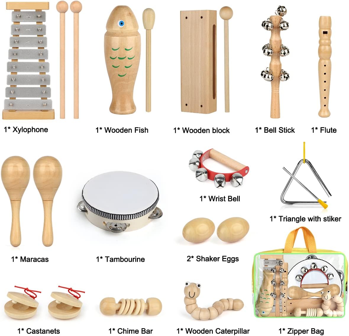 Kids Musical Instruments,100% Natural Wooden Music Percussion Toy Sets, 23 Pcs Tambourine Xylophone Toys for Kids