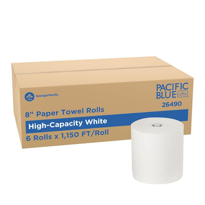 Pacific Blue Ultra, 8” High-Capacity Paper Towel Rolls, White, 1150 Linear Feet Per Roll, 6 Rolls Per Case, 26490