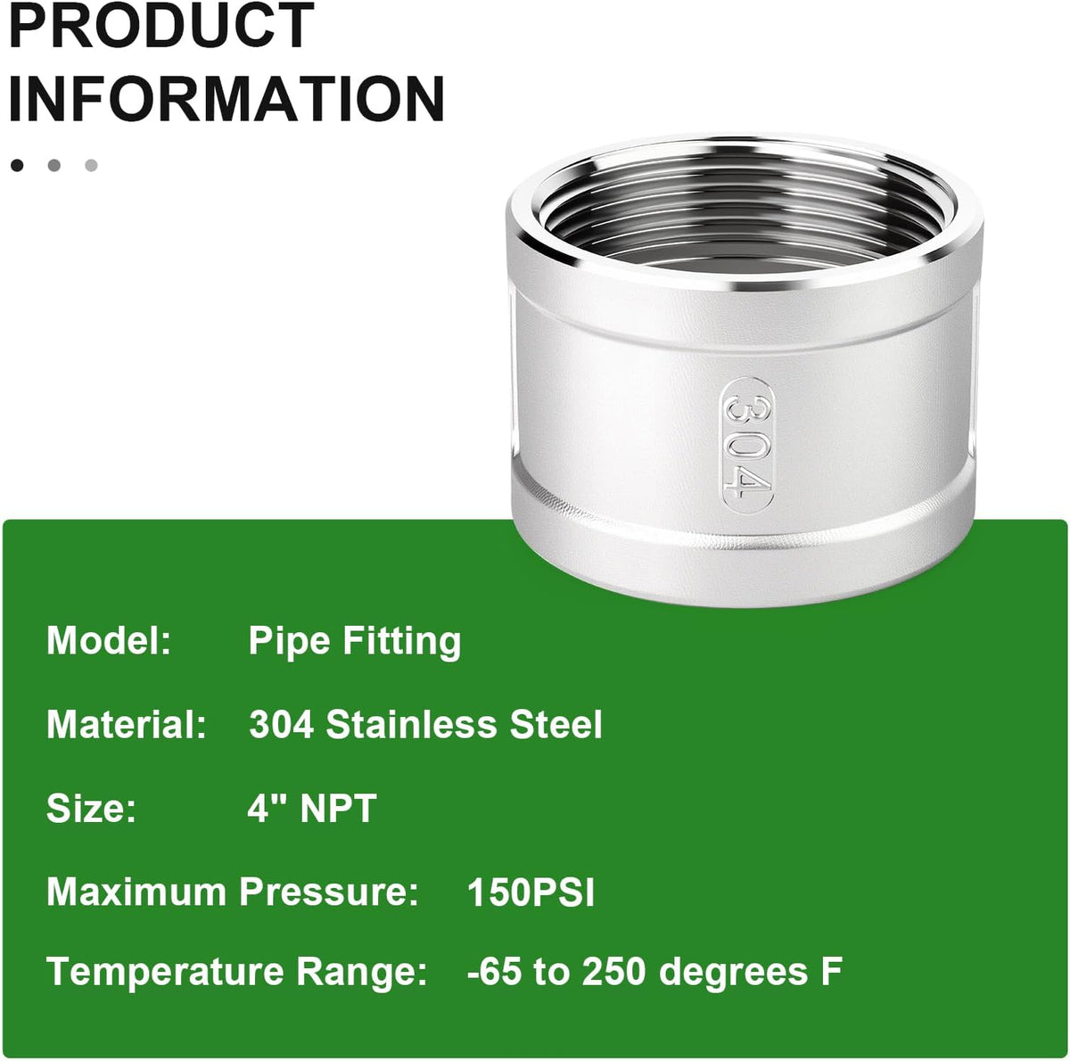 TAISHER 1PCS 304 Stainless Steel Cast Pipe Fitting, Coupling, 4" NPT Female Threaded