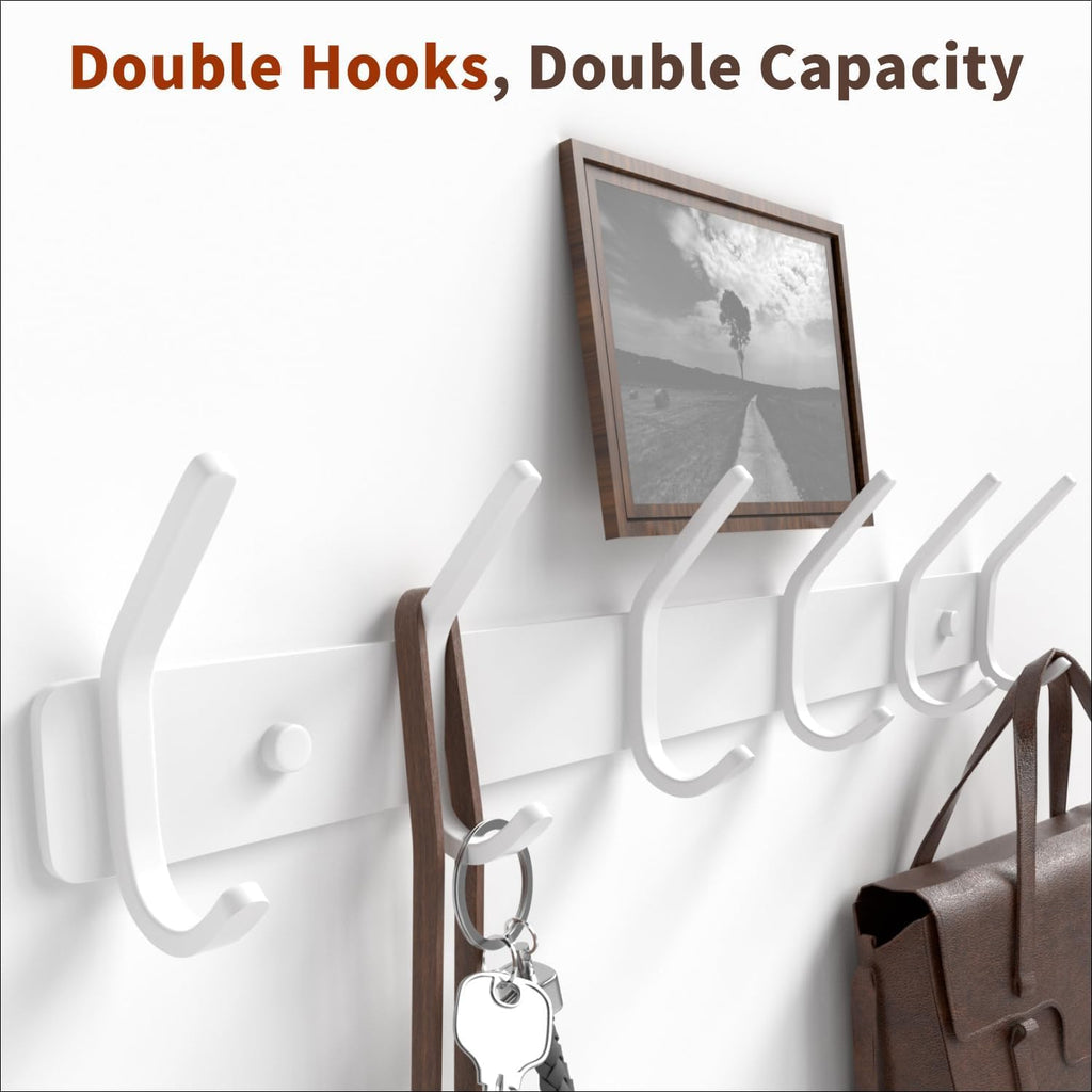 Coat Rack Wall Mount Hooks - 15 Inch Matte White Metal 6-Hook Organizer Wall Mounted, Modern Kids Room, Entryway &