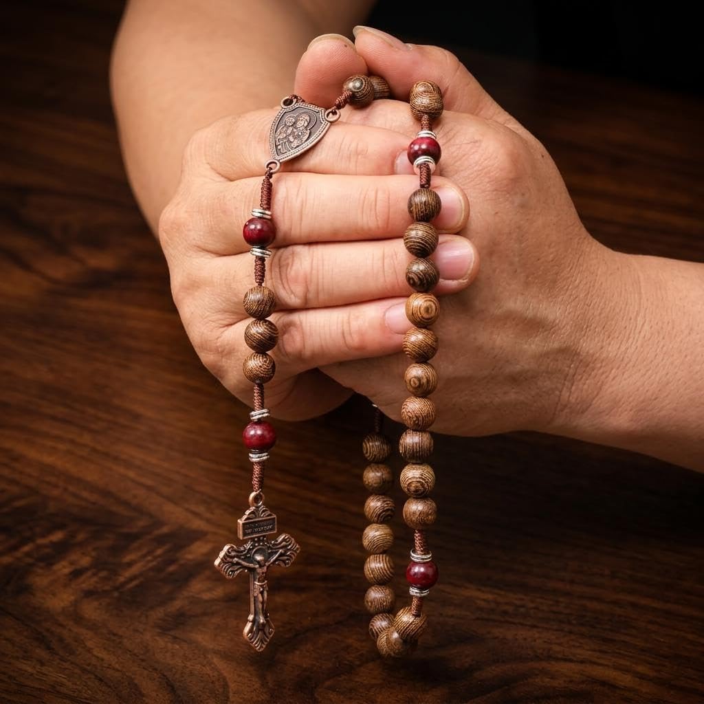 Nazareth Store Handcrafted Wooden Catholic Rosary Necklace with Antique Medal & Crucifix Cross Christian Prayer Beads