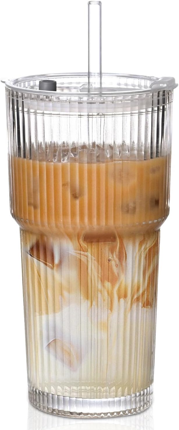 20oz Ribbed Glass Cups with Lids and Straws,1PCS Glass Tumbler with Straw and Lid,Iced Coffee Cups Drinking Glasses