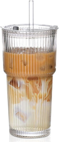 20oz Ribbed Glass Cups with Lids and Straws,1PCS Glass Tumbler with Straw and Lid,Iced Coffee Cups Drinking Glasses
