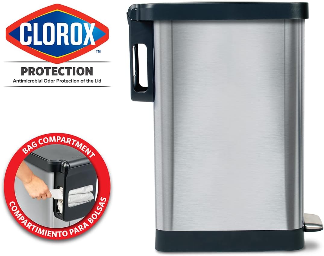 Slim Trash Can with Clorox Odor Protection - Narrow Kitchen Garbage Bin with Soft Close Lid, Step On Foot Pedal and