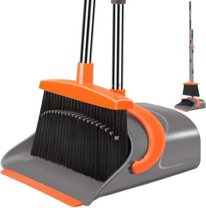 Broom and Dustpan Set for Home, Broom and Dustpan Combo for Office, Long Handle Broom with Upright Standing Dust