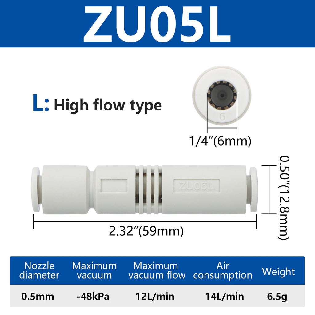 BAOMAIN Vacuum Ejector ZU05L, 6mm Tube, 0.5mm Large Flow (10-Pack)