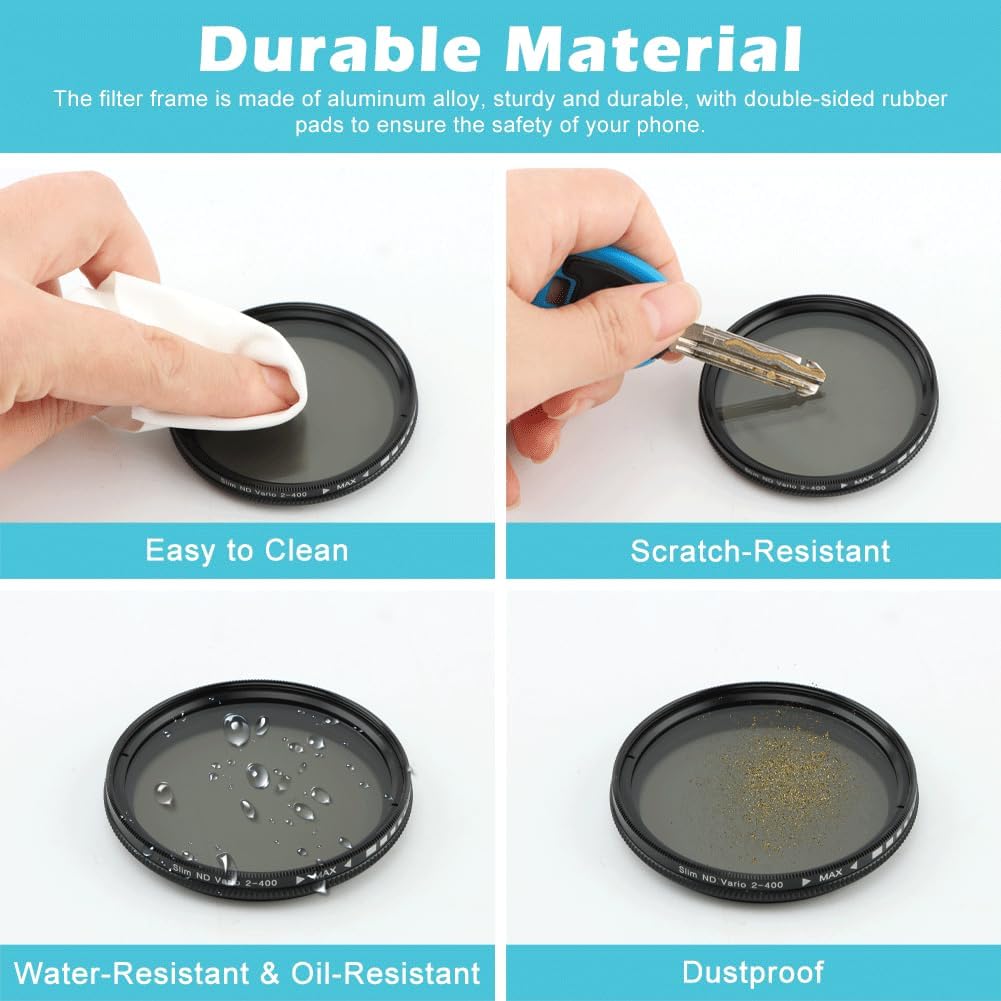52MM Variable ND2-ND400 Filter, Clip-on Phone Lens ND Filter Kit Multi-Coated Adjustable Neutral Density Filter