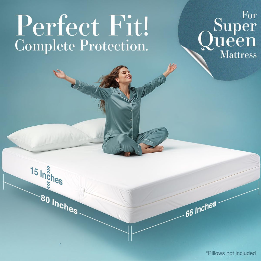 Mattress Protector Zippered Super Queen Size, 100% Waterproof Bed Bug and Dust Mite Proof Mattress Encasement