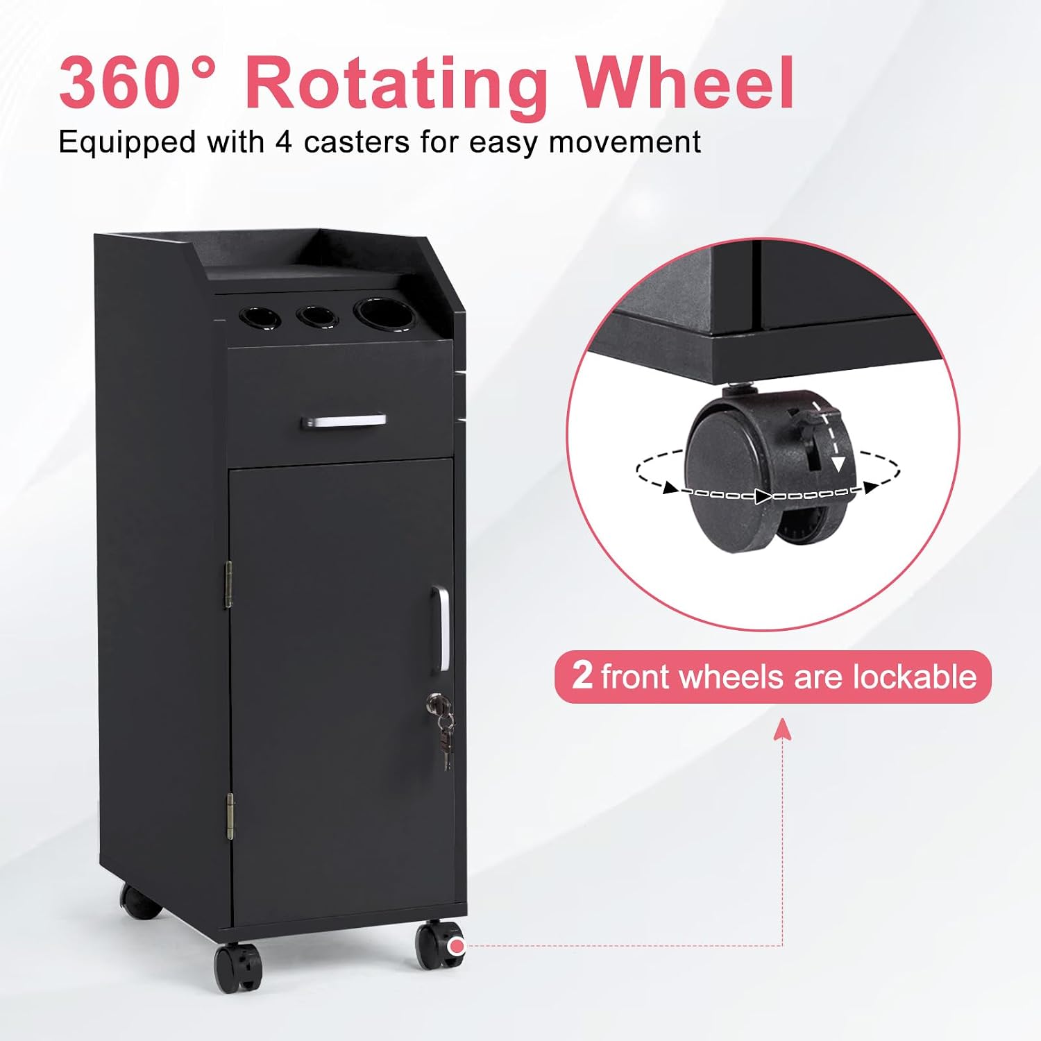 Salon Trolley Cart with 4 Trays, 3 Hair Dryer Holders, Black | Lockable Beauty Storage Cabinet with 4 Drawers