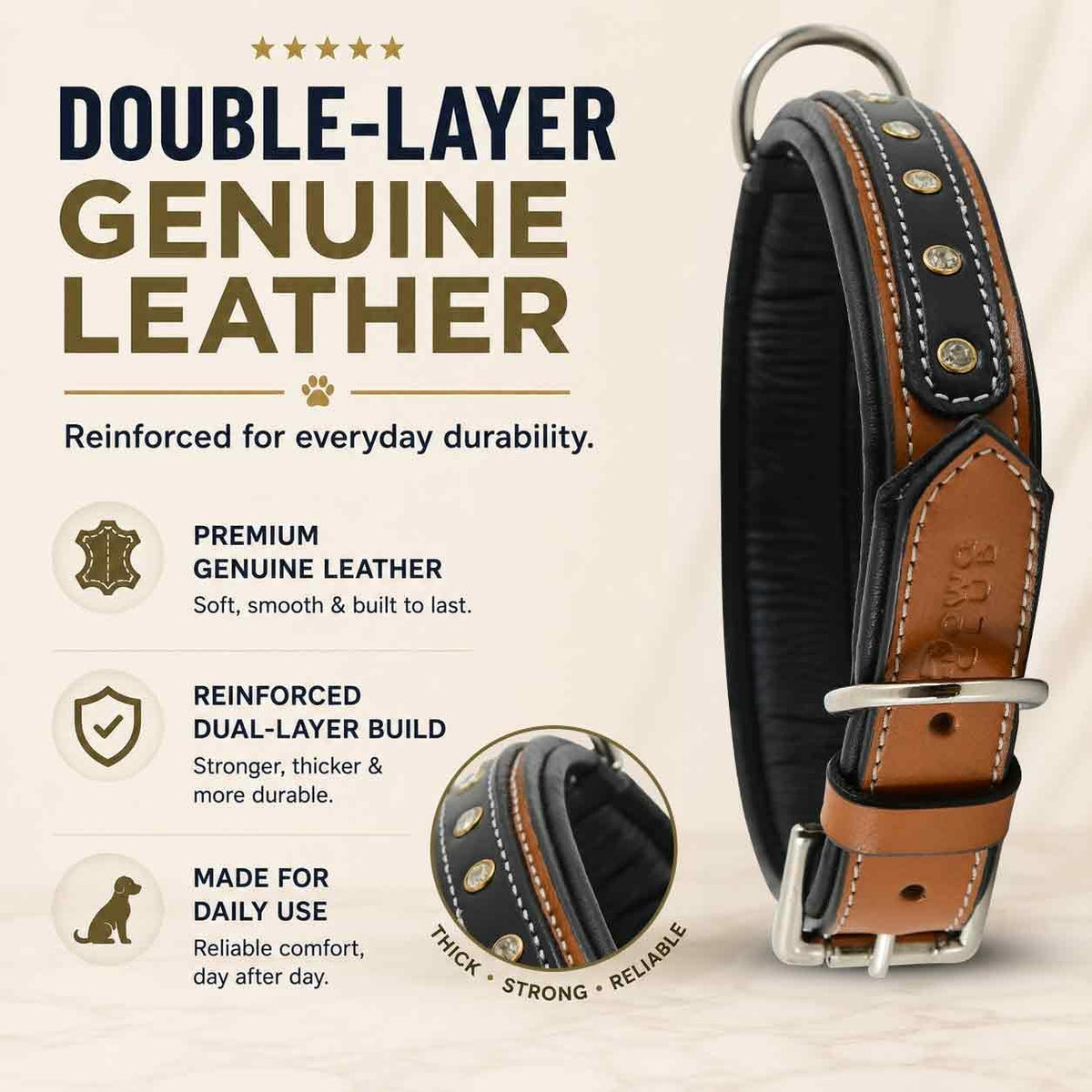 GemForge Duo Leather Dog Collar, Soft Padded, Medium, Brown