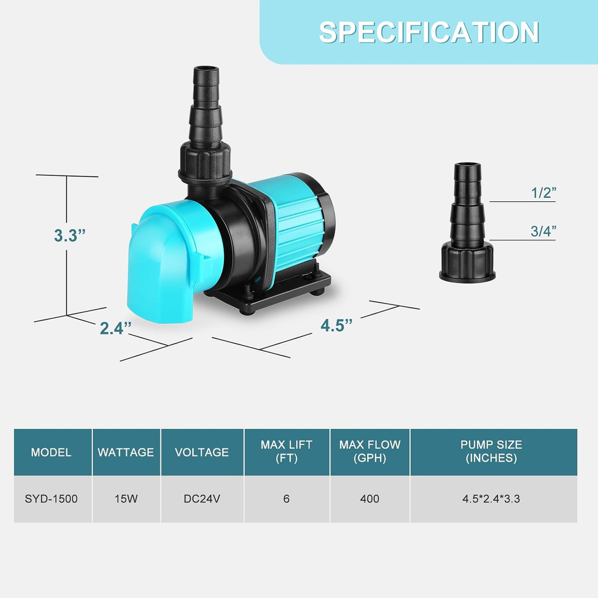 400GPH Aquarium Return pump with LCD display controller, 15W DC 24V aquarium pump for saltwater freshwater