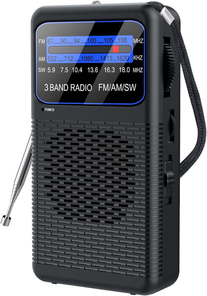 FM AM SW Back Clip Pocket Radio, Battery Operated Mini Radios, Portable Shortwave Transistor Radio with Emergency LED