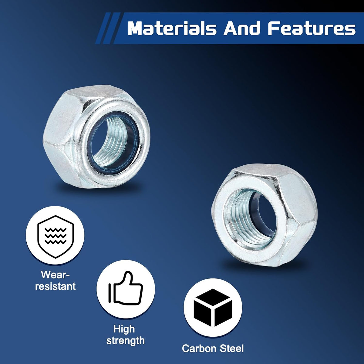 6Pcs M12-1.25 Nylon Locking Hex Nuts CarbonSteel Blue and White