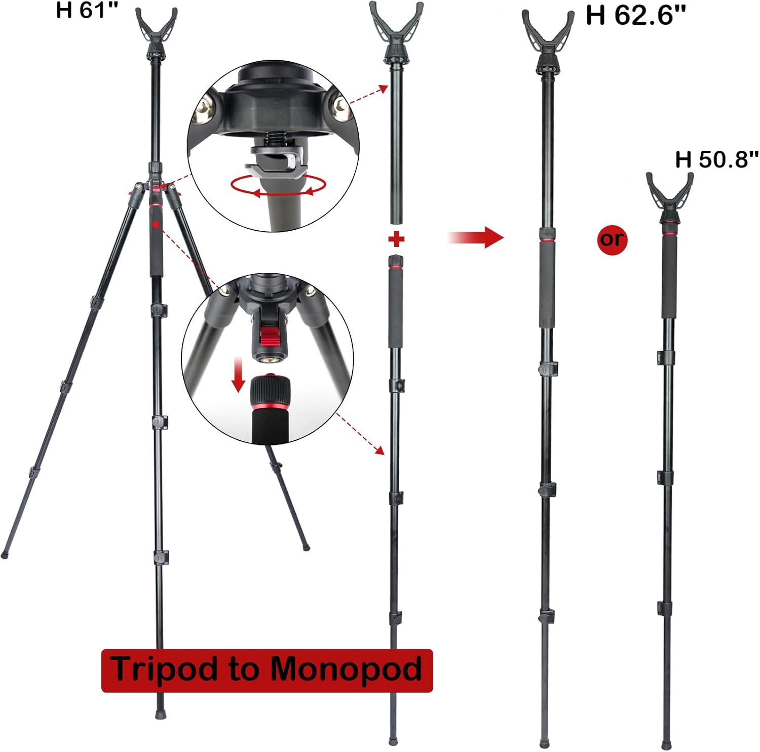 Adjustable Shooting Tripod for Rifles Shooting Stick Level-Lock 3-in-1 Tripod Monopod Bipod, 22.8″-61″ Height