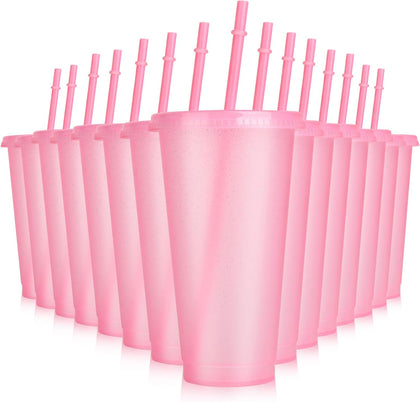16-Piece Reusable Cups with Lids and Straws, 24 oz Glitter Plastic Tumbler Iced Coffee Cups Travel Mugs for