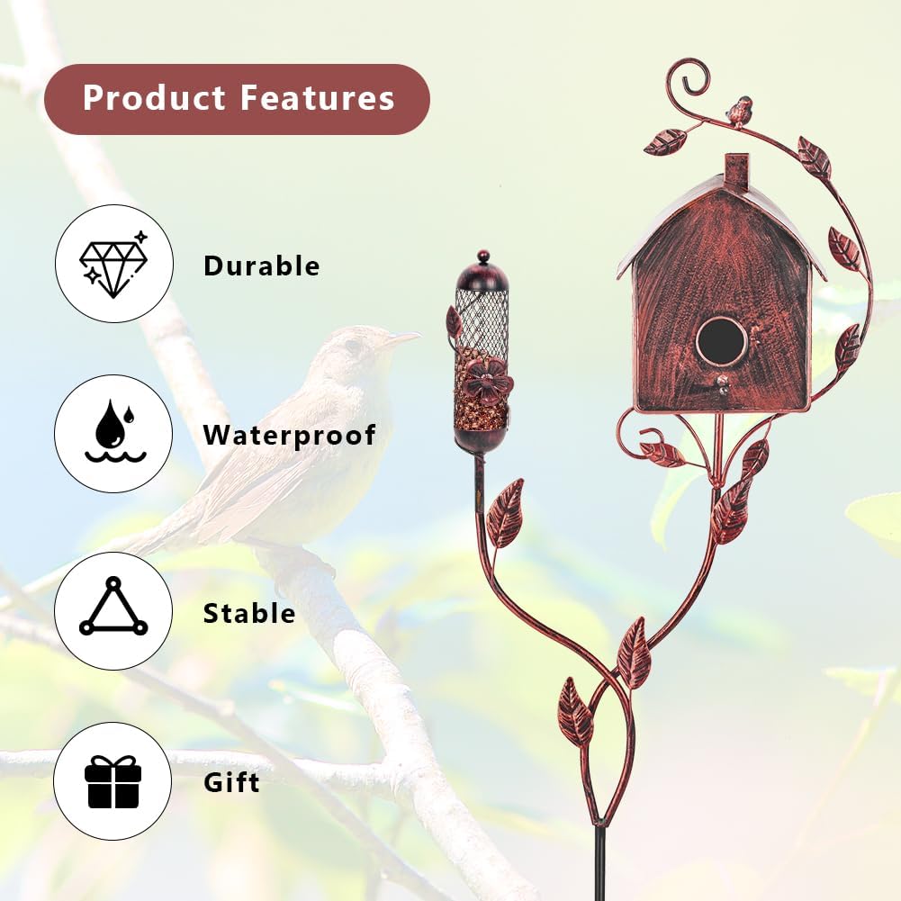 49" Bird Houses for Outside with Pole, Outdoor Metal Birdhouse with Mesh Feeder for Patio, Yard, Garden(Antique Bronze)
