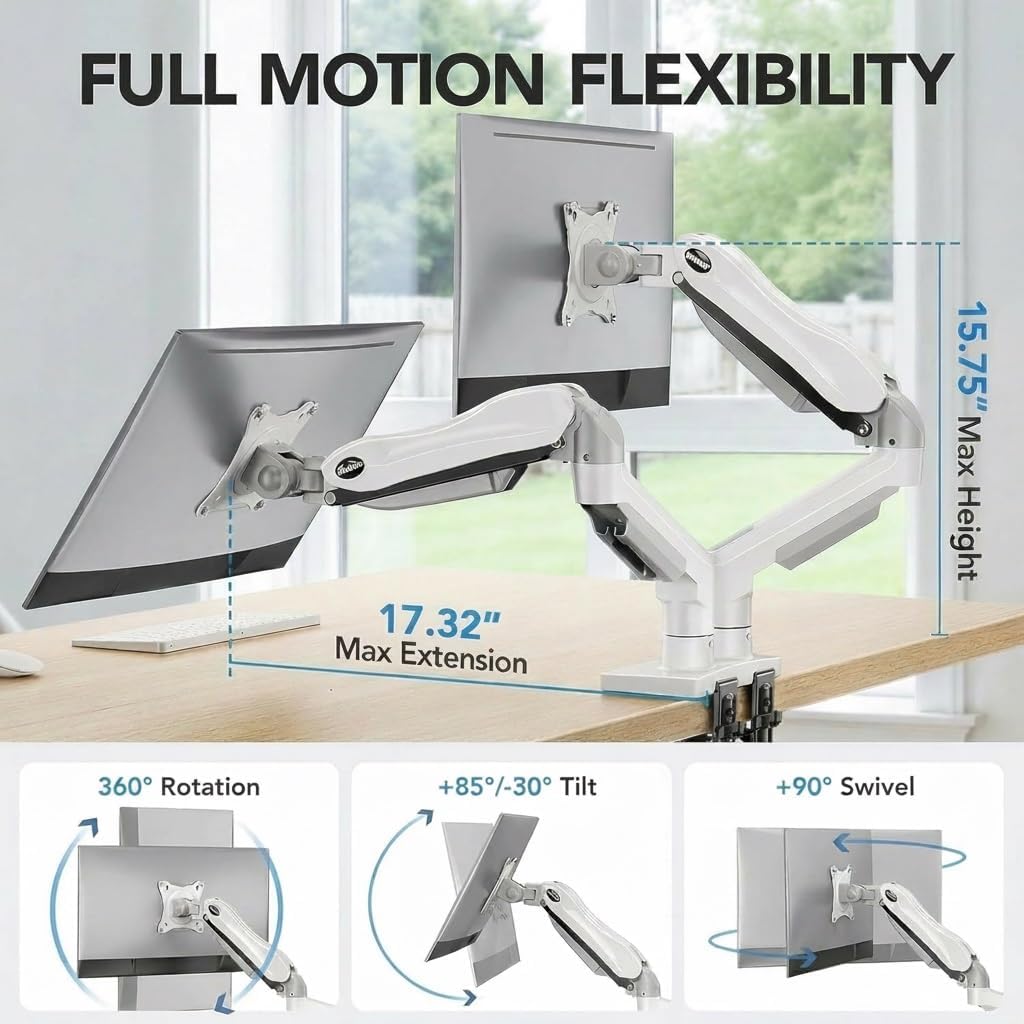 Dual Monitor Stand - Full Adjustable Monitor Desk Mount Swivel Vesa Bracket with C Clamp, Grommet Mounting Base for
