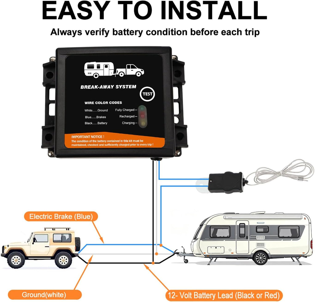 Trailer Brakes Breakaway Kit with Charger, Side Load Break-Away Controller System with Switch and LED Indicator