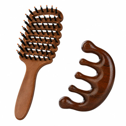Boar Bristle Hair Brush Set with Wooden Scalp Massager, Anti Static Paddle Hair Brush for Women & Men, Detangling