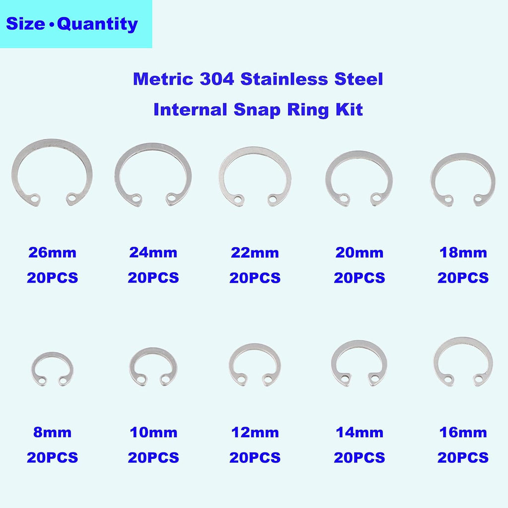 200PCS 8-26mm 304 Stainless Steel Metric Internal Snap Ring Kit