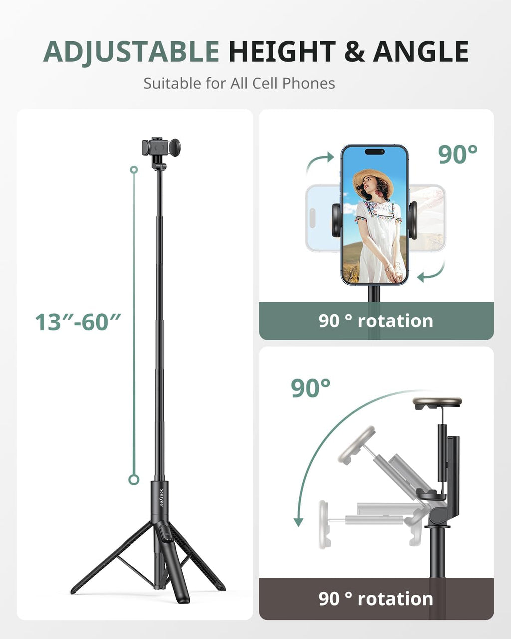 60" Phone Tripod - Selfie Stick, Lightweight All in One Phone Tripod Integrated with Wireless Remote Compatible with