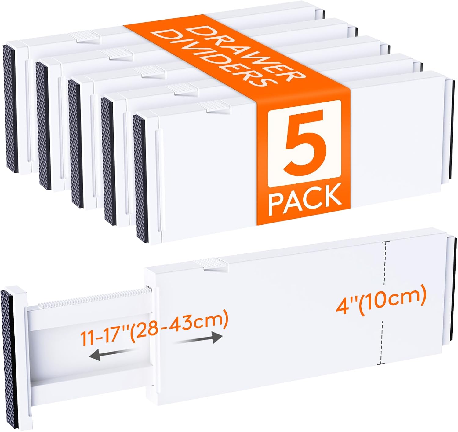 5 Pack Upgrade Drawer Dividers for Clothes, 4" High 11"-17" Adjustable Dresser Drawer Organizers, Expandable White