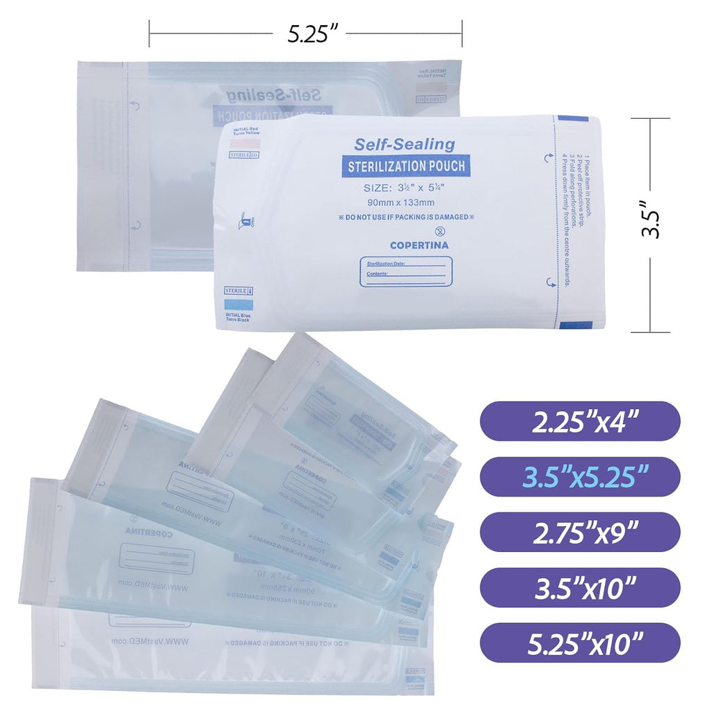 Omnia 200 Pcs Self Sealing Sterilization Pouches 3.5” x 5.25” | Dual Indicators Autoclave Sterilizer Bags for Dental