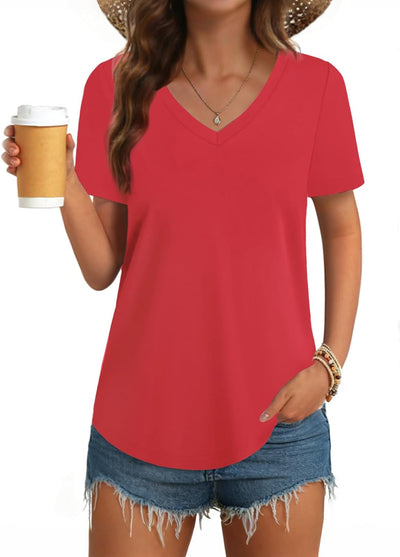 Womens T Shirts V Neck Short Sleeve Cotton Tops Summer Curved Hem Trendy Basic Tee Shirt S-XXL