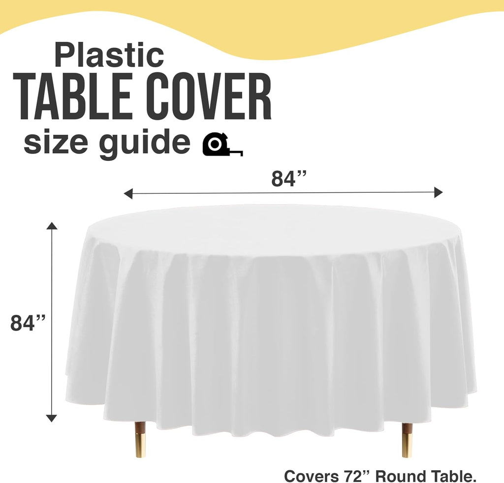 66% Thicker Premium White Round Tablecloth 0.5 Mil 6 Pack Plastic Table Cloth Disposable 84 Inch Round Plastic