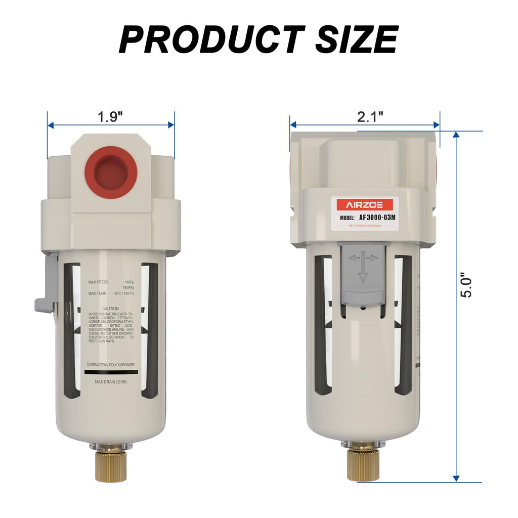 AIRZOE 3/8" NPT Compressed Air Filter, Semi-Auto Drain,0-150psi, AF3000-03