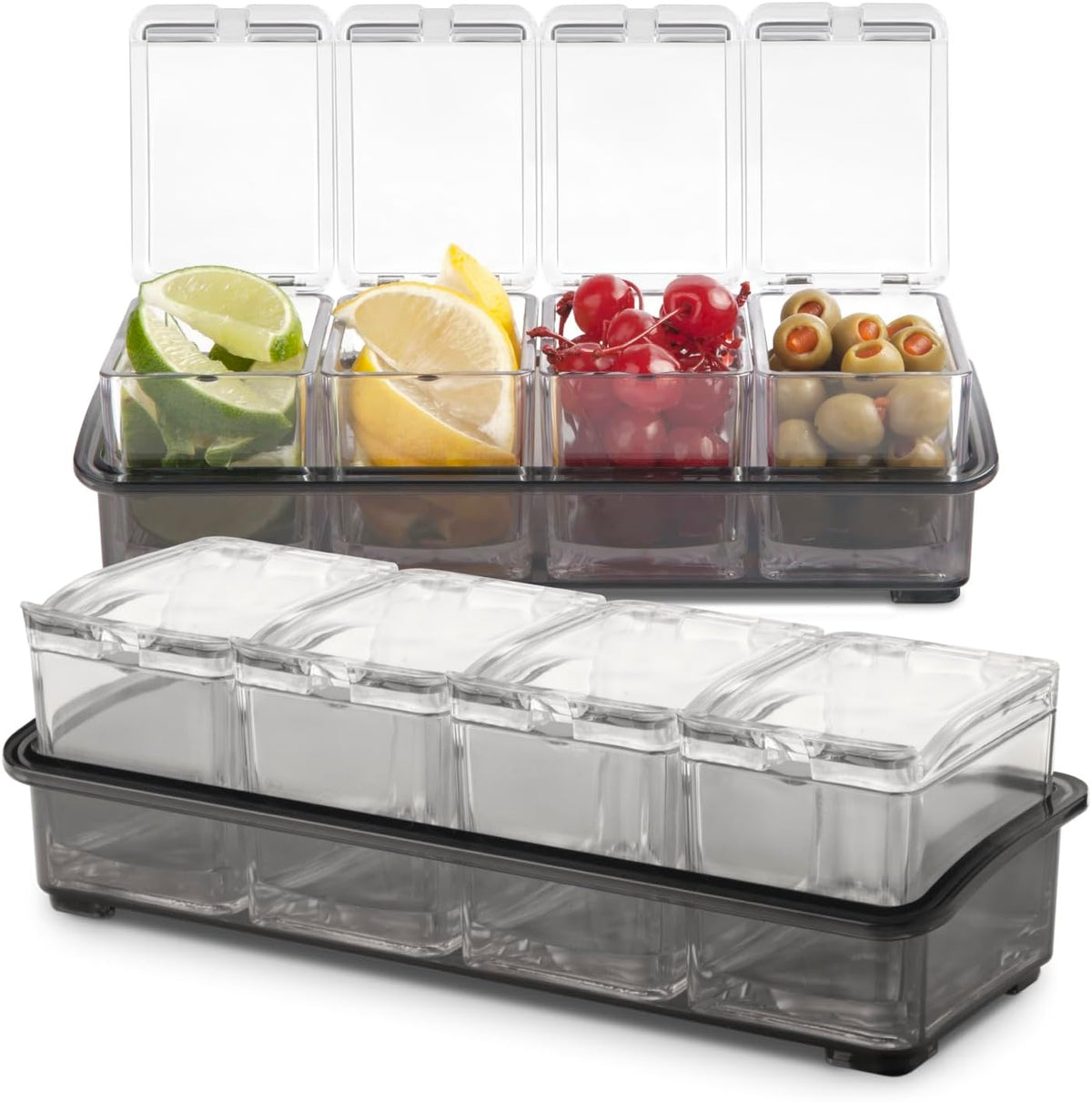 Cocktail Garnish Bar Tray for Bartenders, 4 Containers with Lid