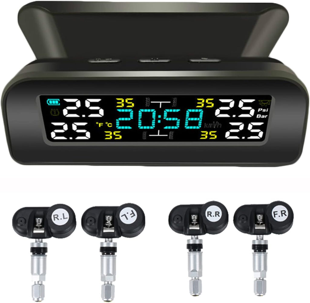 Tire Pressure Monitoring System Wireless Solar TPMS, Tire Pressure Monitor with 4 Sensors Real-time Display