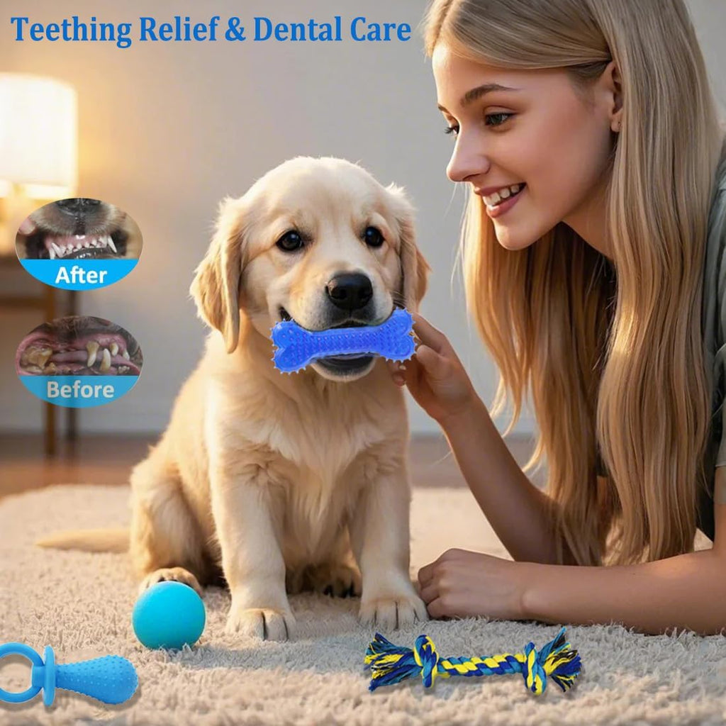 20 Pack Puppy Chew Toys - Blue Dog Teething Toys for Puppies, Puppy Teething Rings and Ropes, Rubber Toy Bundle for