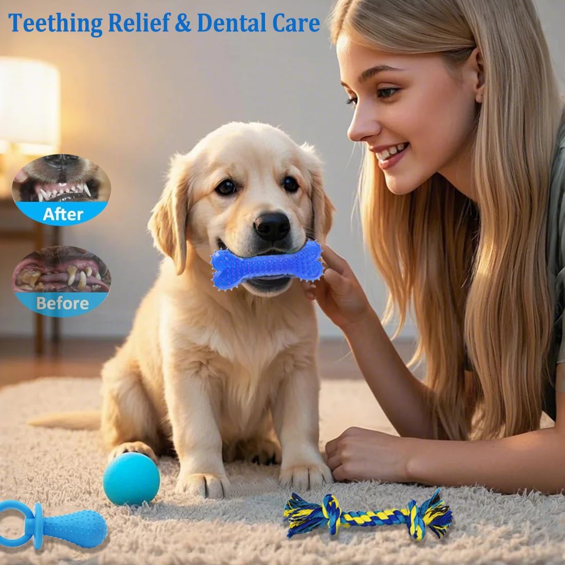 20 Pack Puppy Chew Toys - Blue Dog Teething Toys for Puppies, Puppy Teething Rings and Ropes, Rubber Toy Bundle for