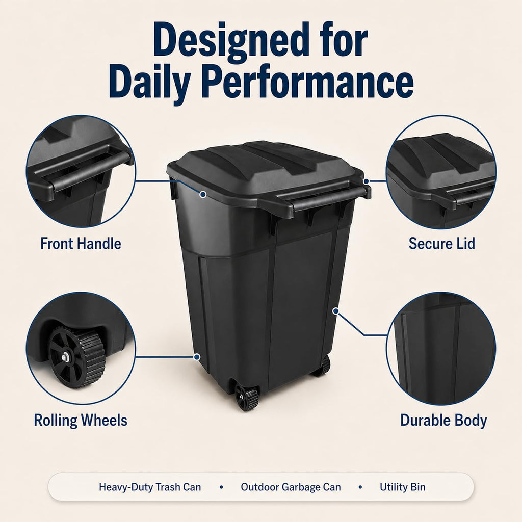 32 Gallon Wheeled Outdoor Trash Can with Secure Lid, Rolling Garbage Bin | 32-45 gallon capacity, durable