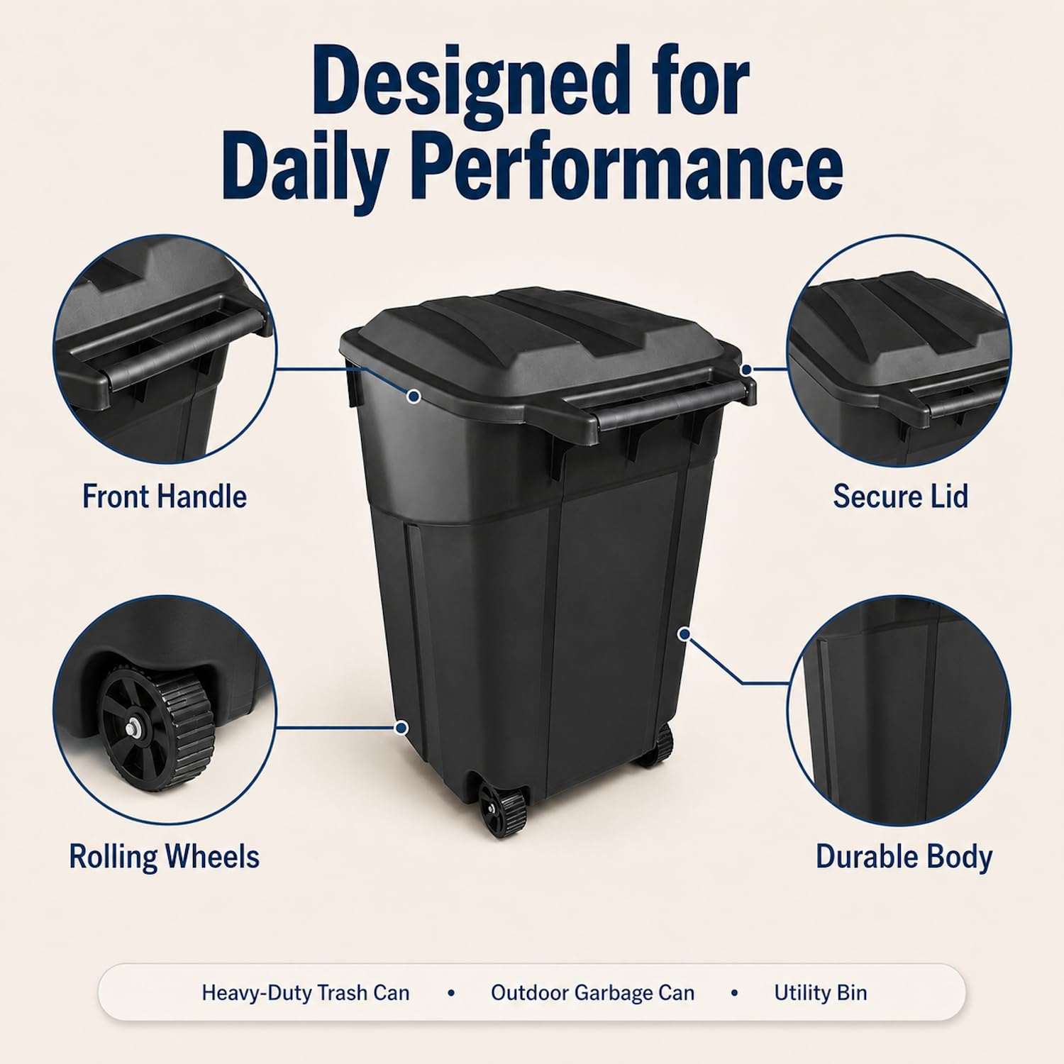 32 Gallon Wheeled Outdoor Trash Can with Secure Lid, Rolling Garbage Bin | 32-45 gallon capacity, durable