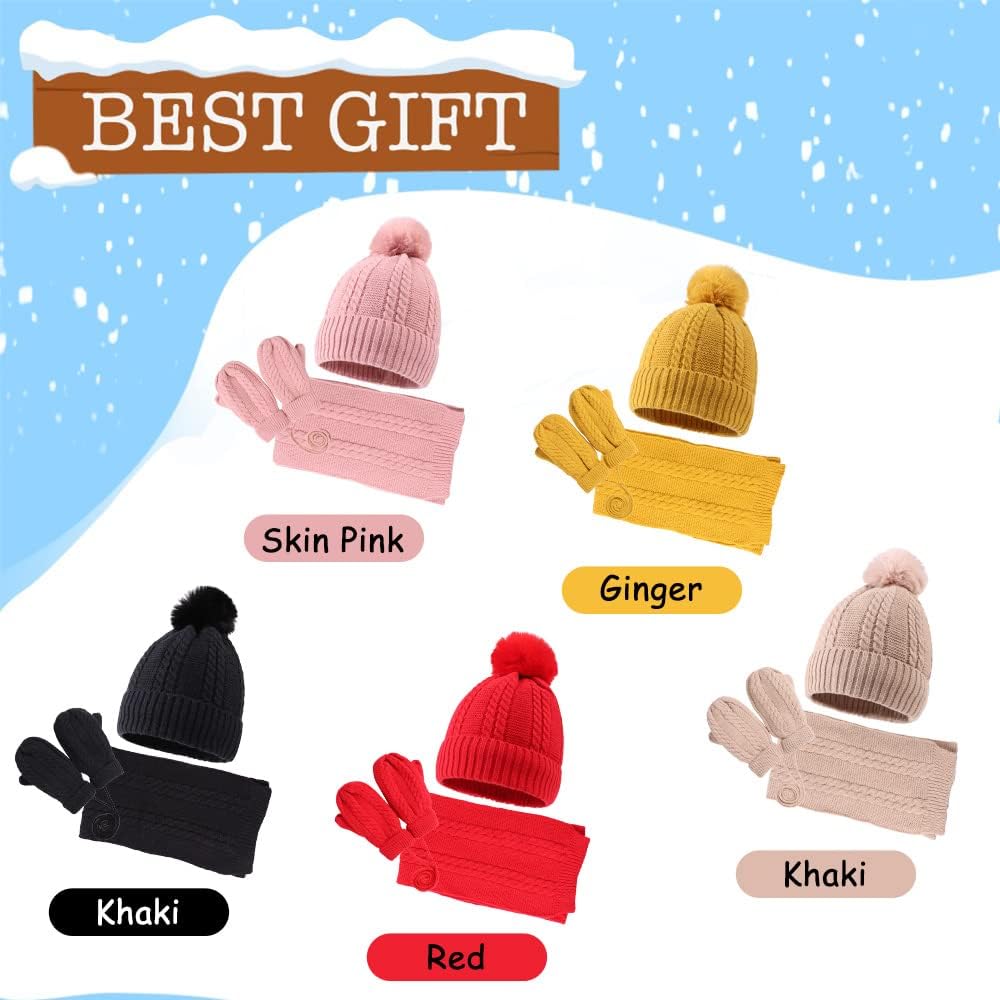 Kids Winter Hat Scarf Mittens Set Toddler Knitted Beanie Girls Fleece Children Neck Warmer Boys Warm Gloves 2-7 Years