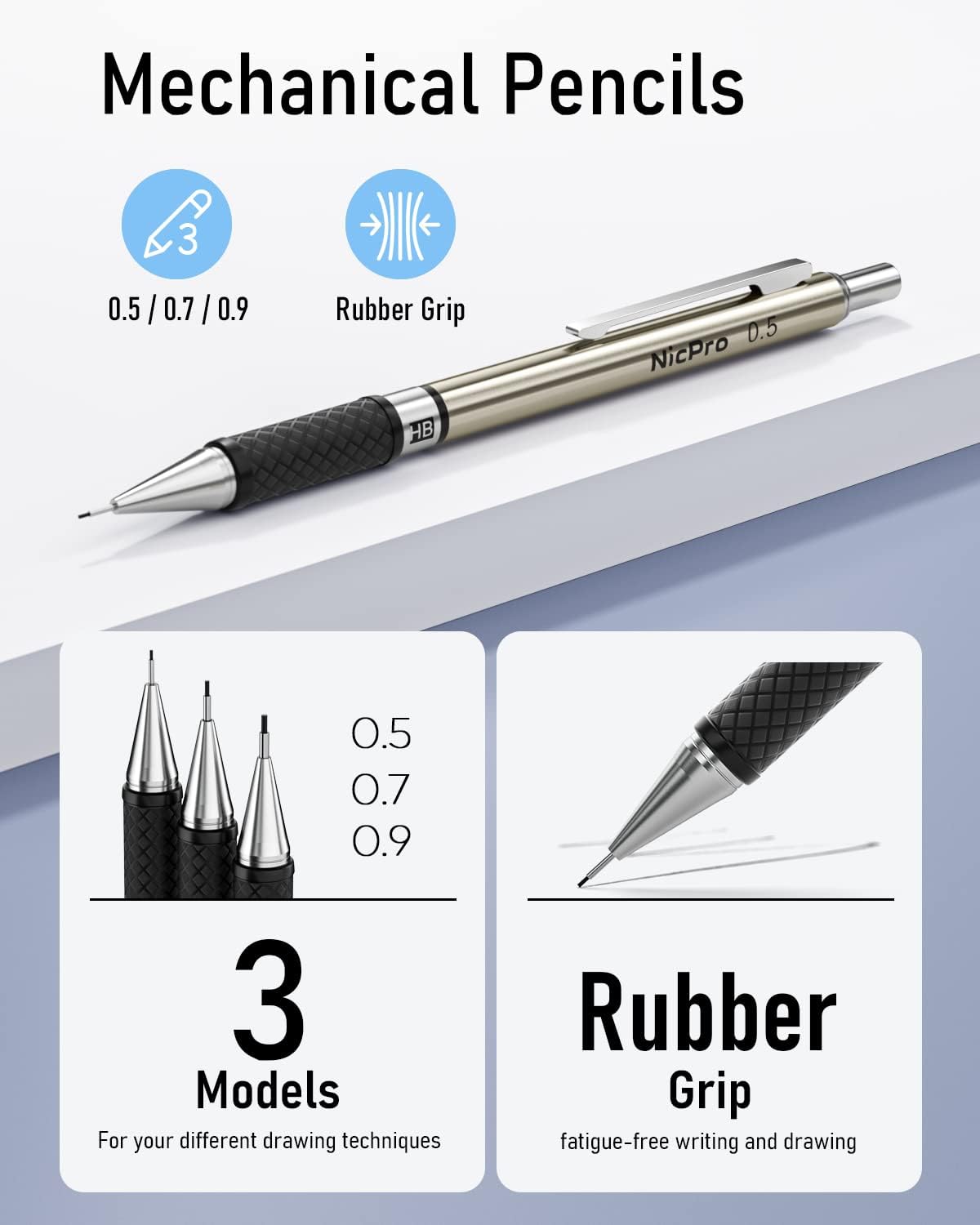 6PCS Art Mechanical Pencil Set, 3PCS Metal Drafting Pencil 0.5 mm & 0.7 mm & 0.9 mm & 3PCS 2mm Graphite Lead Holder