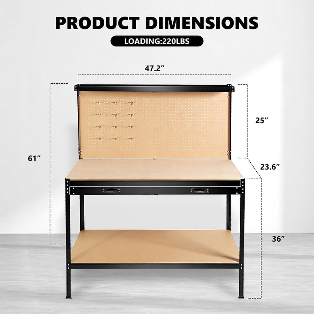 48" Heavy Duty Steel Workbench with Pegboard & Drawer, Garage Tool Storage Work Table with MDF Worktop, 300 LBS Load